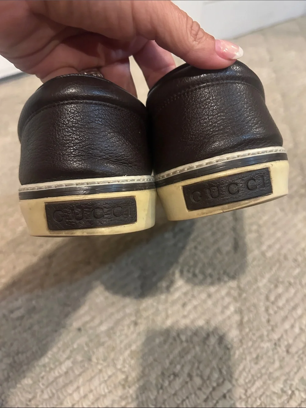 Gucci Beige Brown GG Canvas Slip-On Loafer with Dark Brown Trim